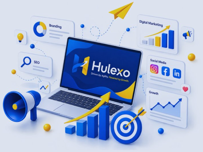 Laptop, megaphone and growth charts showing Hulexo digital services